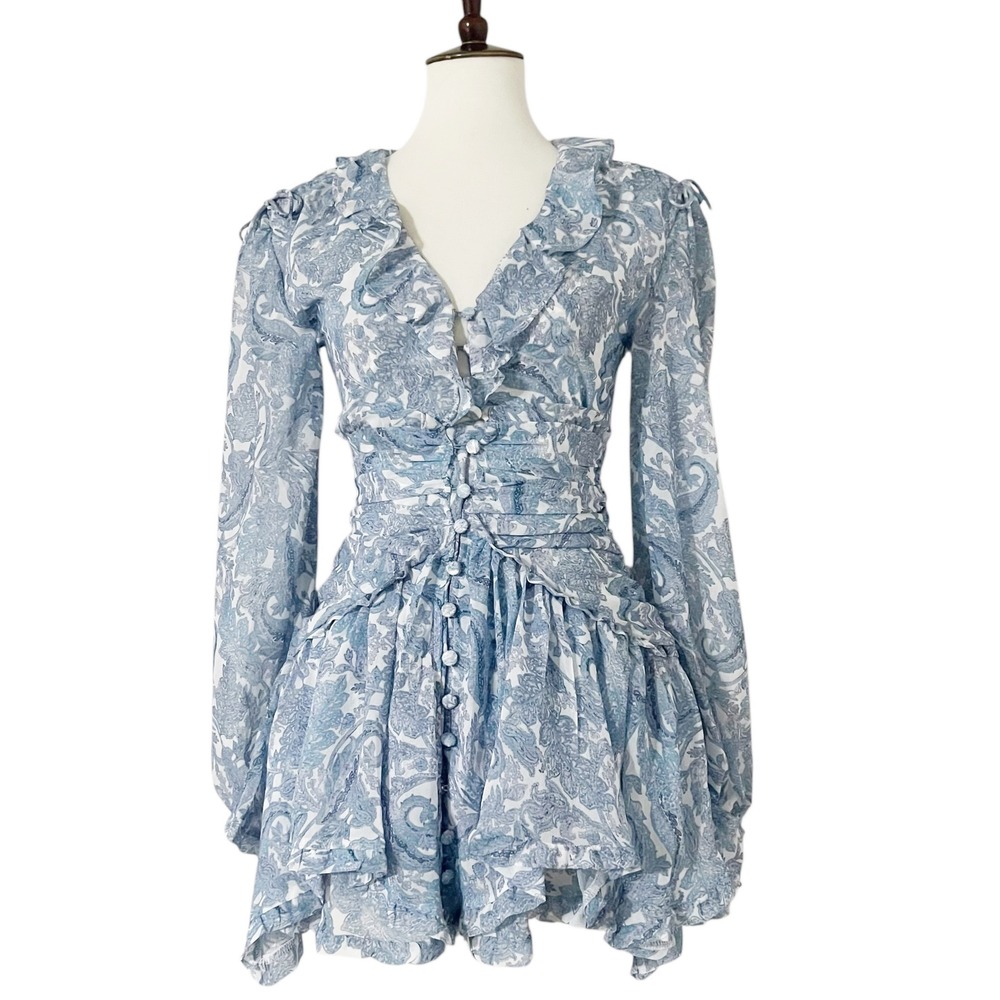 For Love Bell Blue White Paisley Ruffle V Neck Long Sleeve Mini Dress Size S